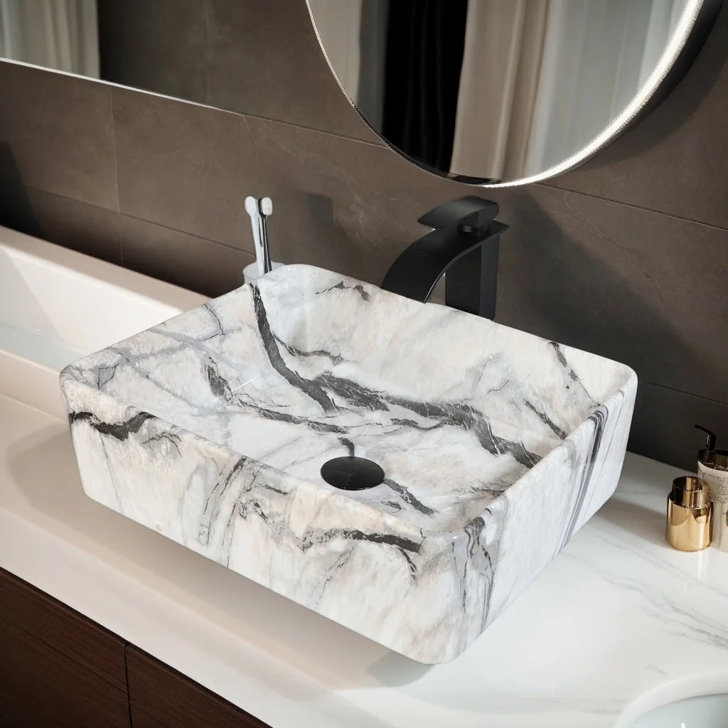 KEMAIDI Marble Pattern Ceramic Bathroom Vessel Sink Set, Multiple Shape Basin with Black Faucet Above-Counter Vanity Sink Kit