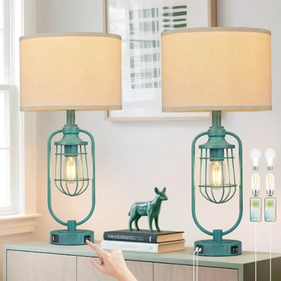 24" Farmhouse Table Lamps for Living Room Set of 2, Black Rustic Lamps for Night Stands with USB Ports, Industrial Bedside Lamp