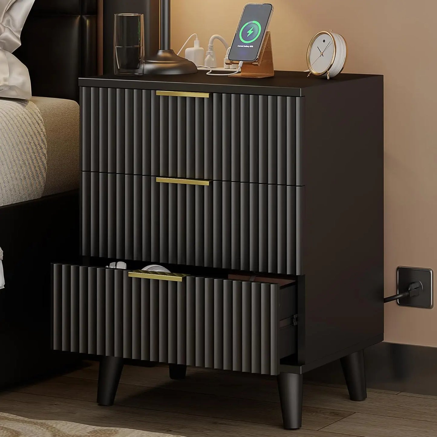 Wood 3 Drawer Dresser Nightstand With Charging Station