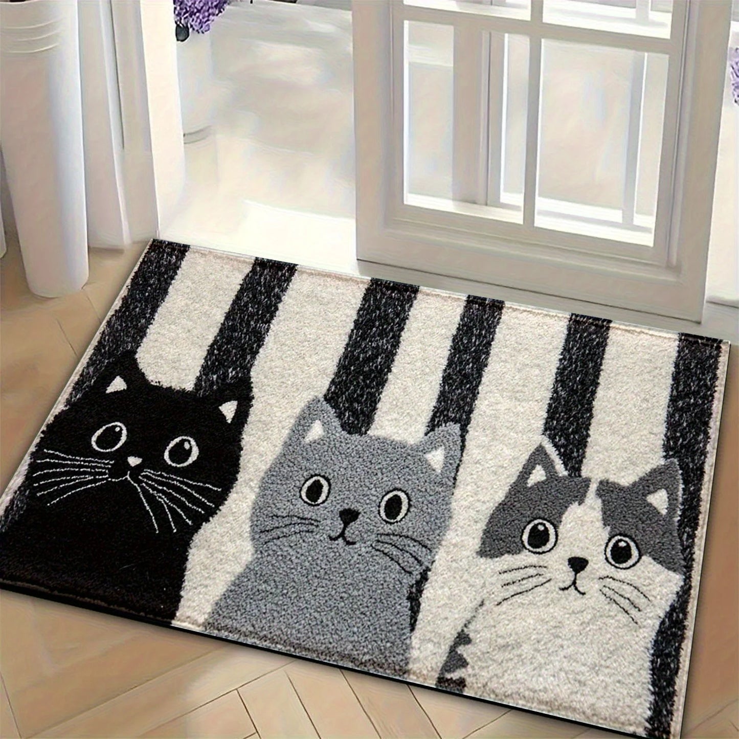 VIKAMA Striped Cartoon Cat Doormat Waterproof Floor Rug