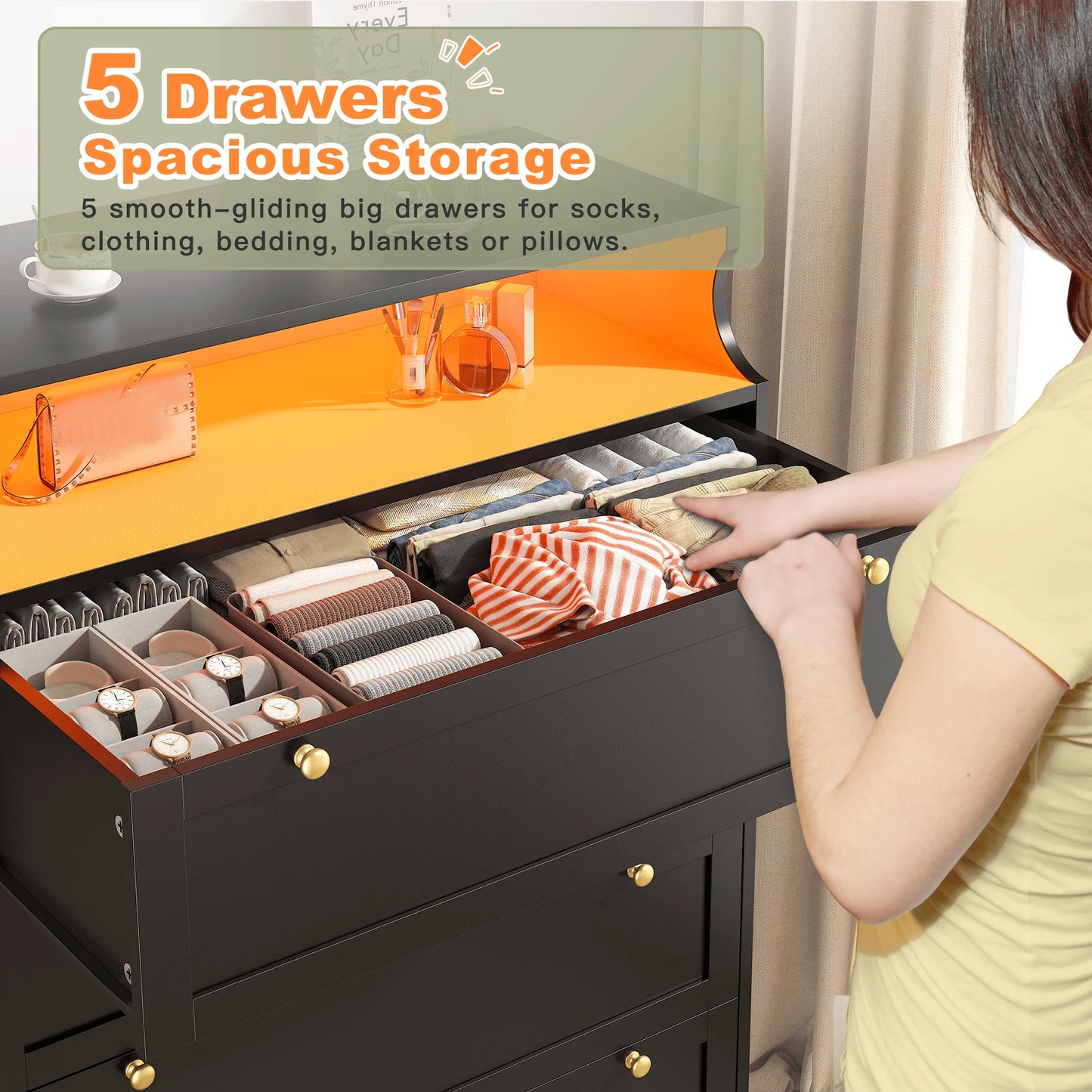 5 Drawer Dresser With LED Lights And Shelves For Bedroom
