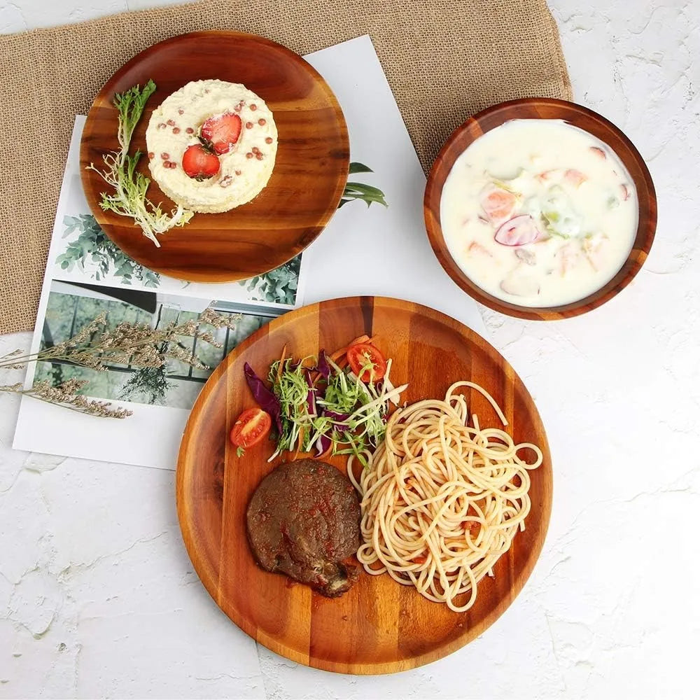11Inch Acacia Wood Dinner Plates Set of 4, Lightweight & Easy Clean, Unbreakable Classic Plate for Snack, Dessert