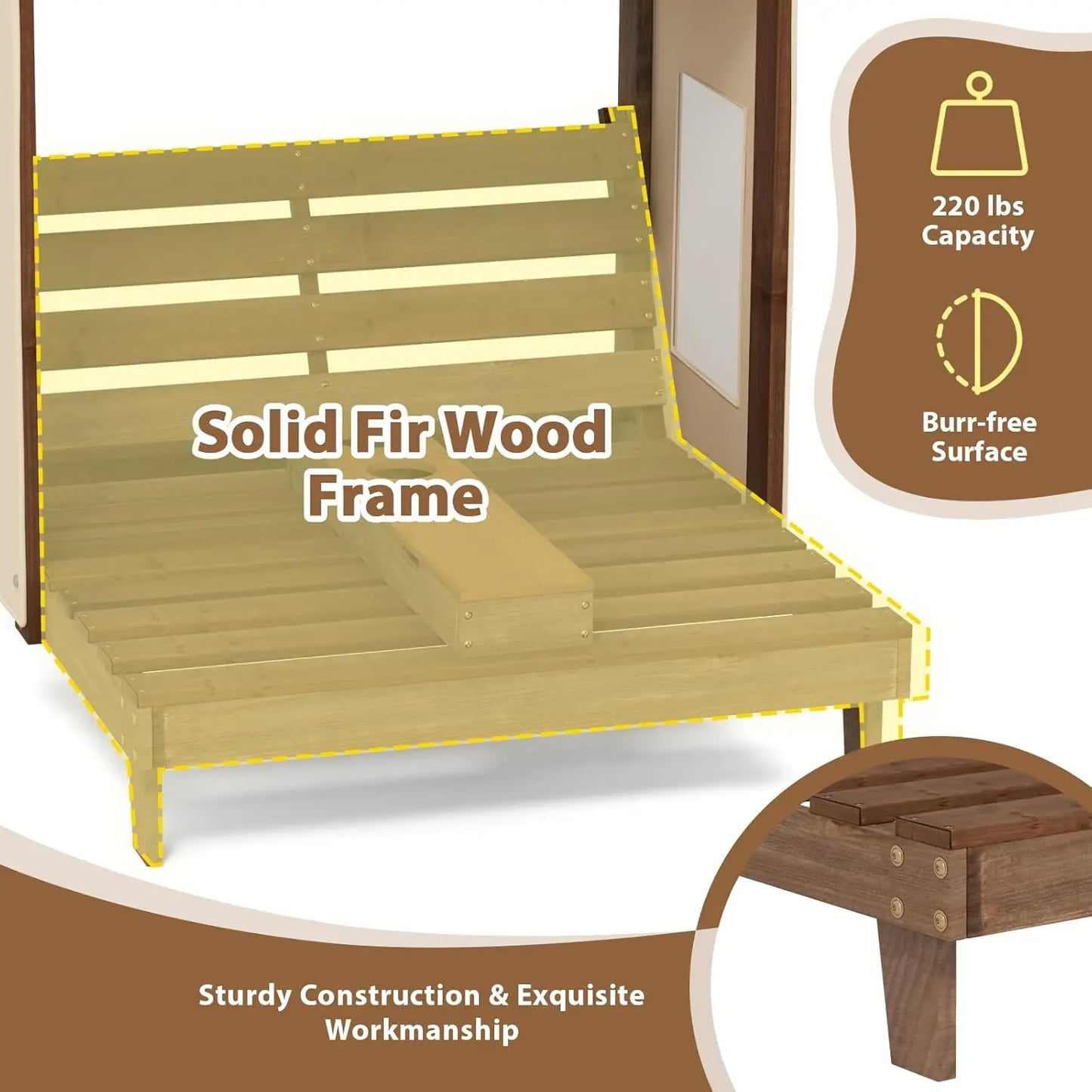 Wood Double Chaise Canopy Cup Holder Chair For Kids