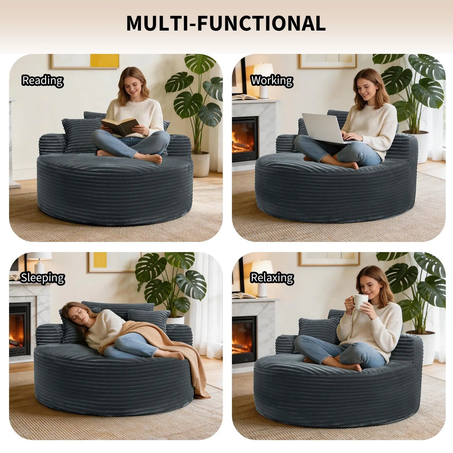 HiMISS Round Indoor Chair Corduroy With 3 Pillows For Living Room