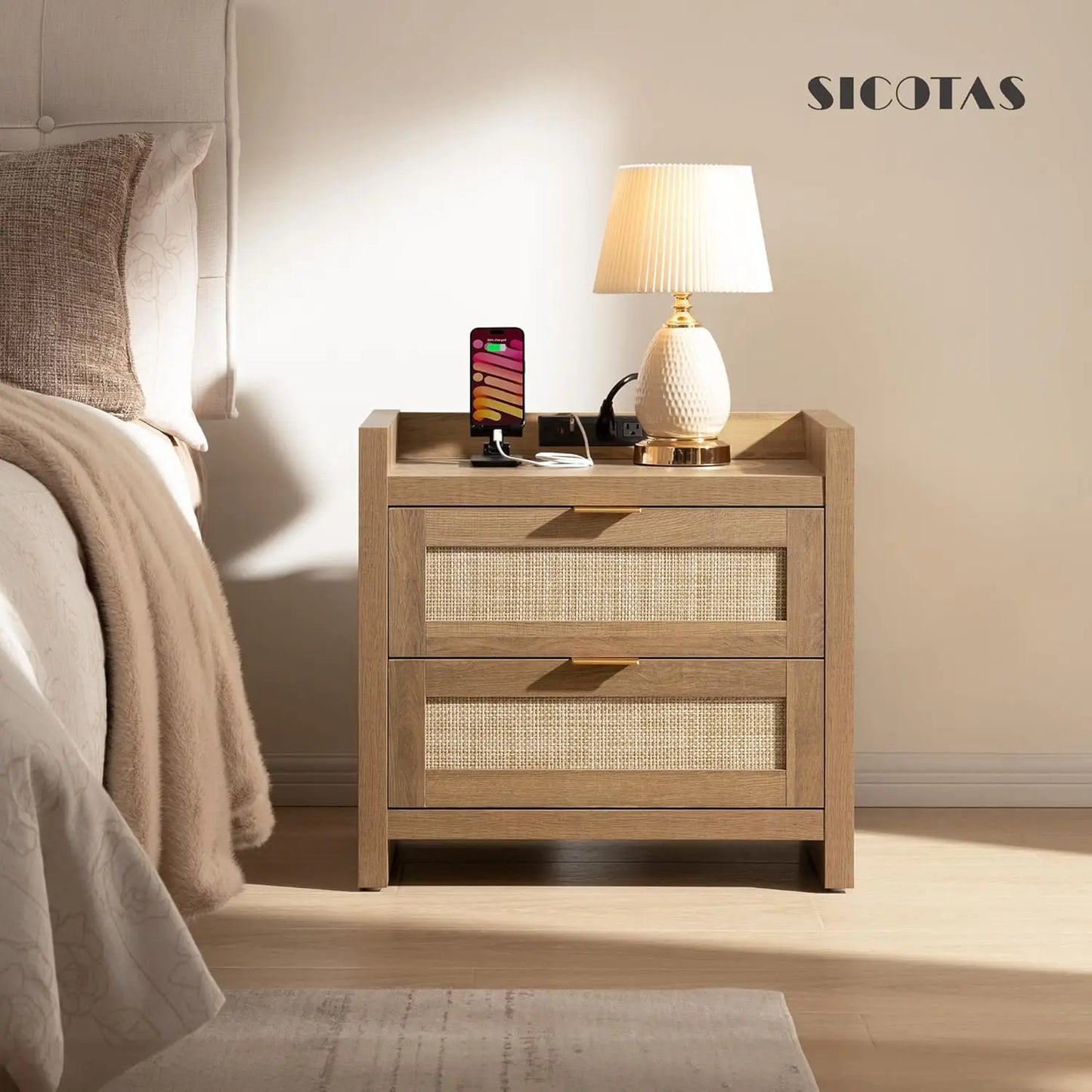 Rattan Nightstand End Table - Night Stand Bedside Table with Type-C Charging Station, 2 Drawers Storage - Boho, Customized