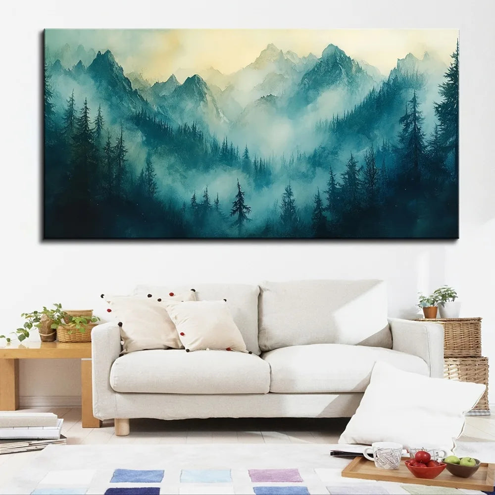 Pine Solid Wood Frame Wall Art Fog Forest Fabric Print Painting