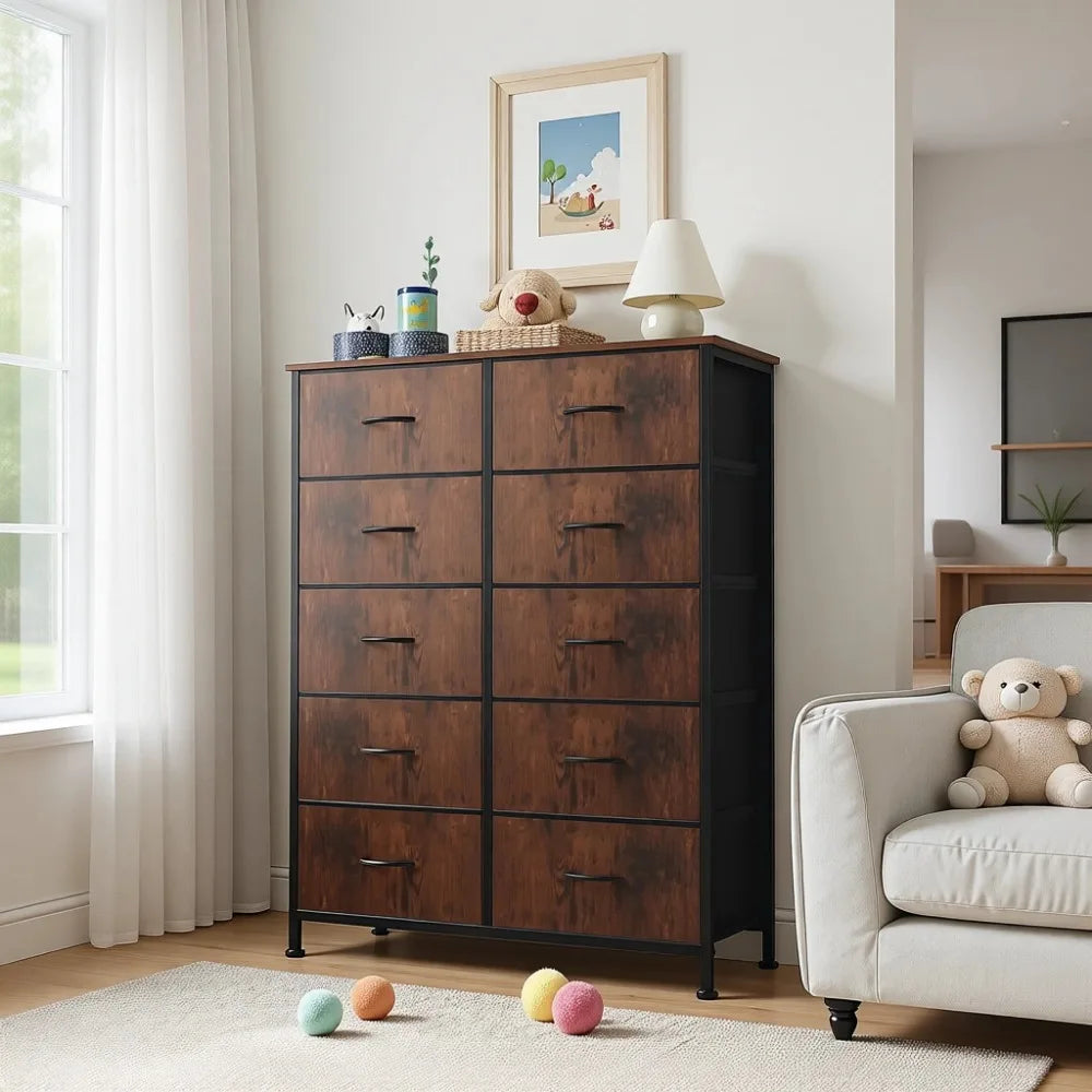 10-Drawer Tall Dresser With Fabric Bins And Anti-Tip