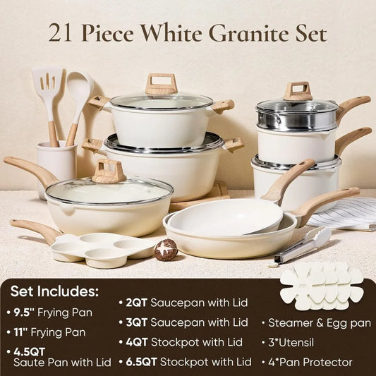 CAROTE 21Pcs Pots and Pans Set, Nonstick Cookware Sets, White Granite Induction Cookware Non Stick Cooking Set w/Frying