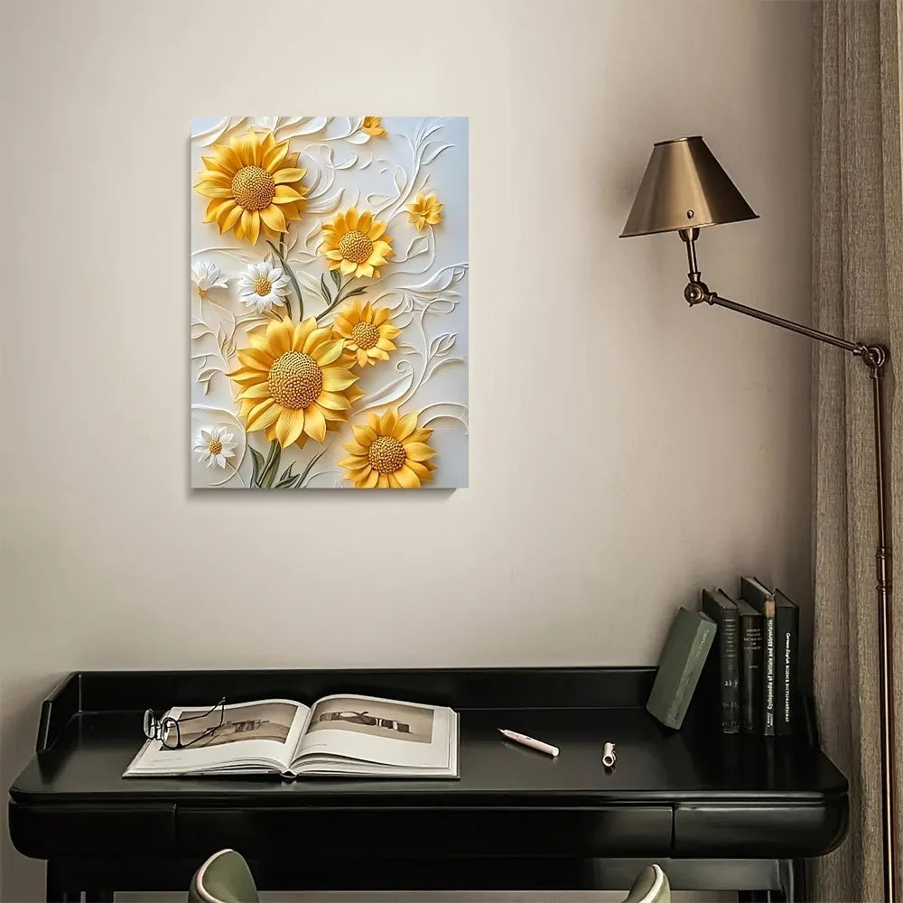 3D Sunflower Canvas Art With Wood Frame For Living Room Decor