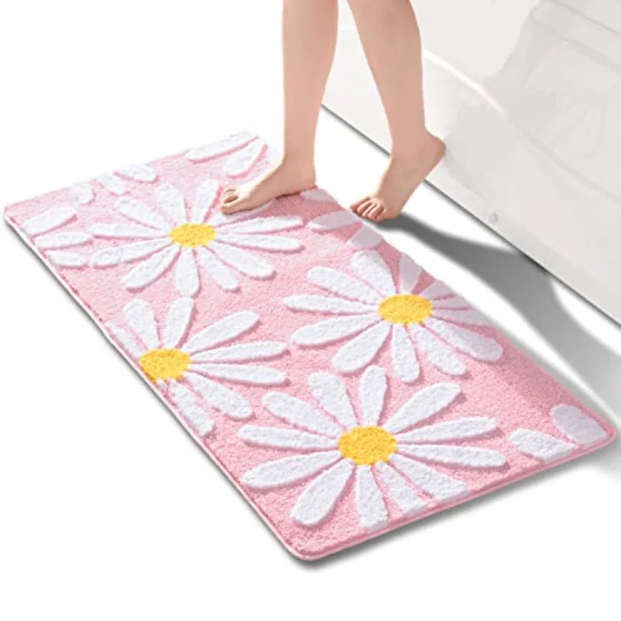 Cute Daisy Bath Mat Non Slip Bathroom Rug Microfiber Absorbent Washable