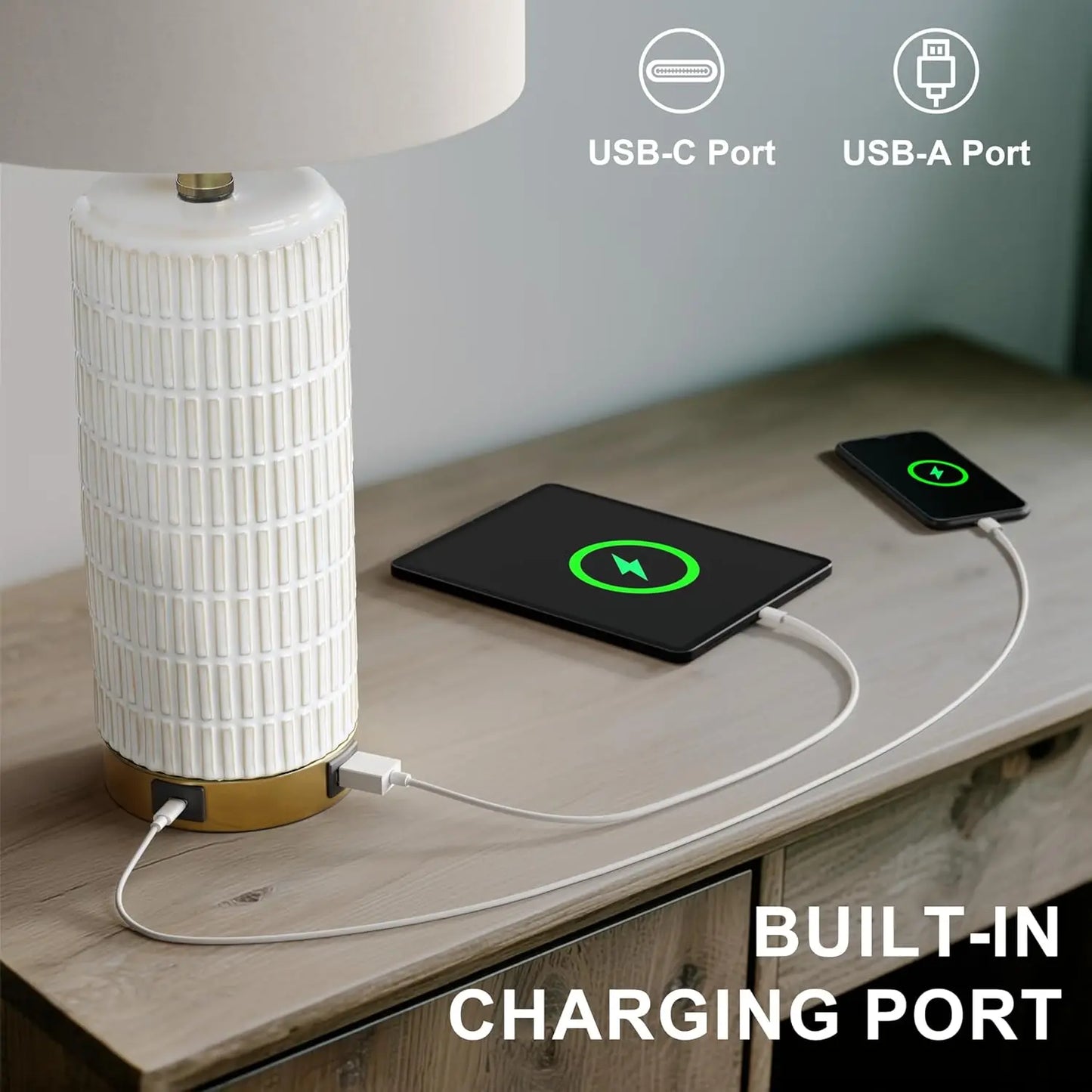 Modern Ceramic Touch Table Lamp with USB A+C Ports, Dimmable Nightstand Light for Bedroom Living Room Office