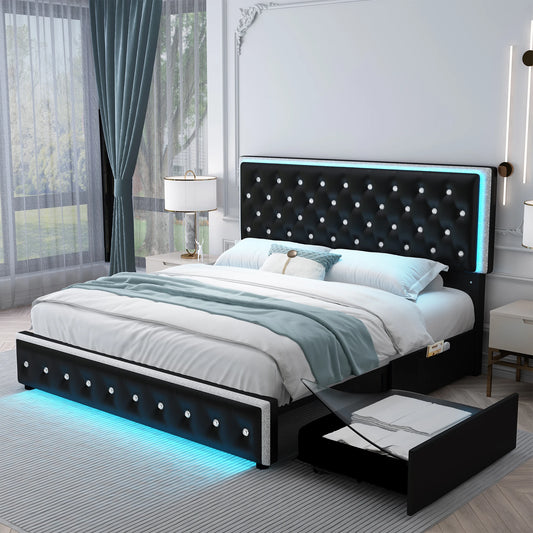NONECN Queen LED PU Bed Frame with Storage Drawers