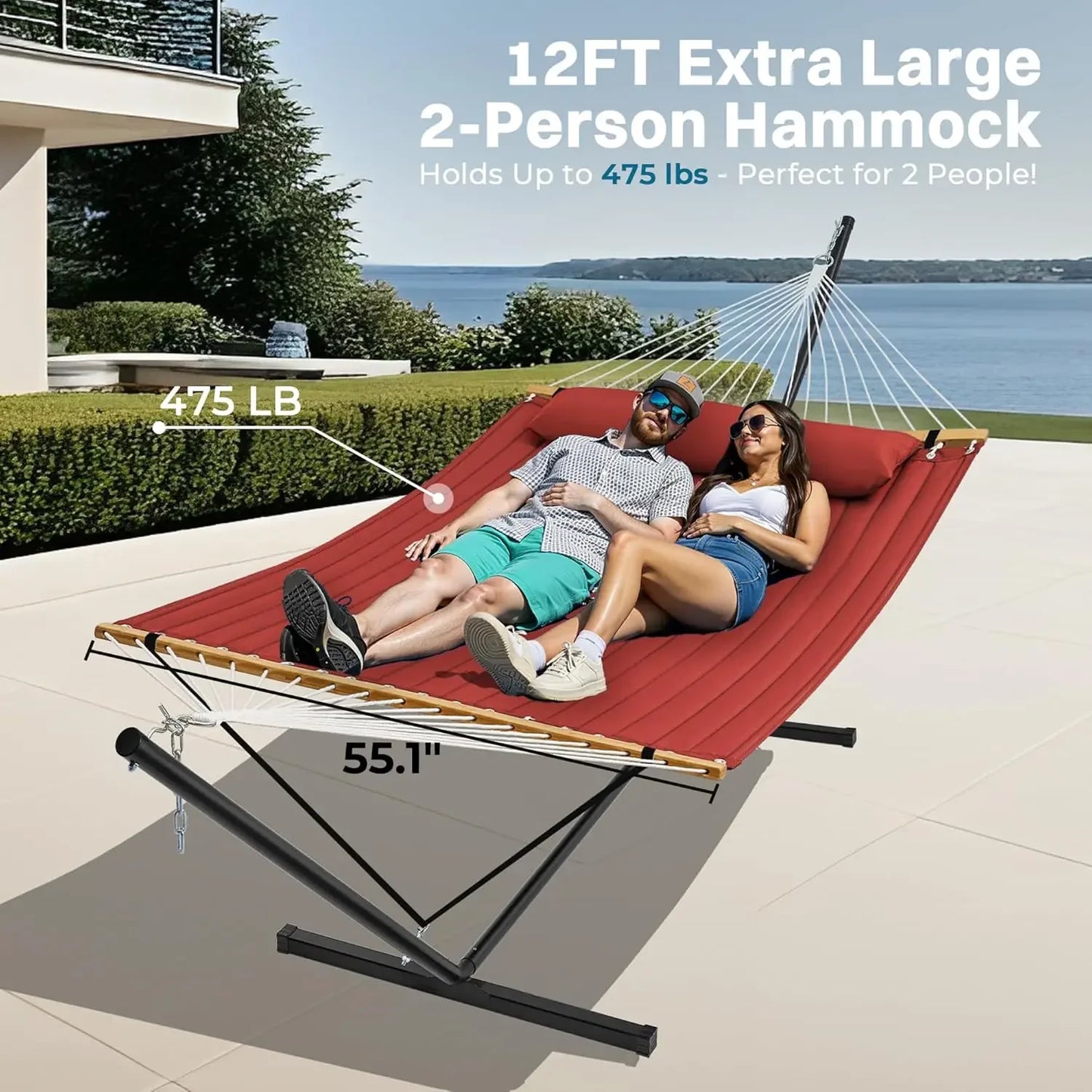 Hammock With Stand For Two People, Quilted Outdoor, Detachable Pillow