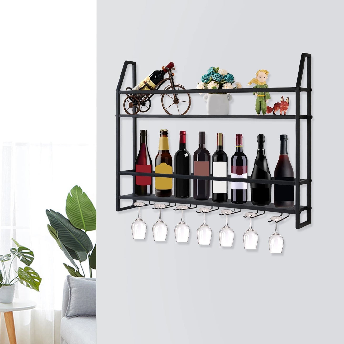 Wall Mounted Wine Rack And Glass Holder For 12 Bottles