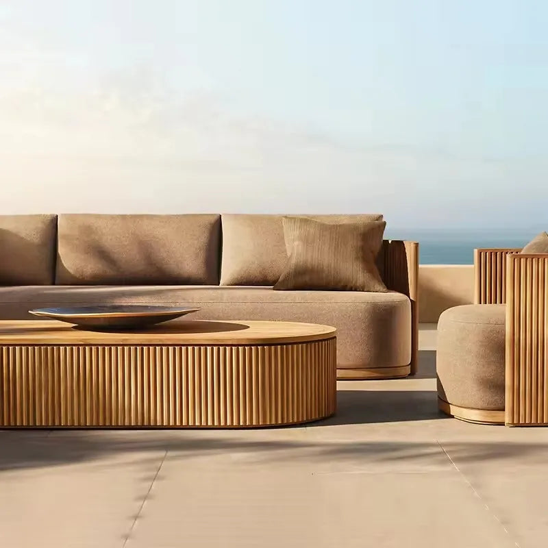 All Weather Premium Wooden Teak Sofa Set Clean Style Durable Outdoor Furniture Villa Private Garden Hotel Courtyard Patio Lounge