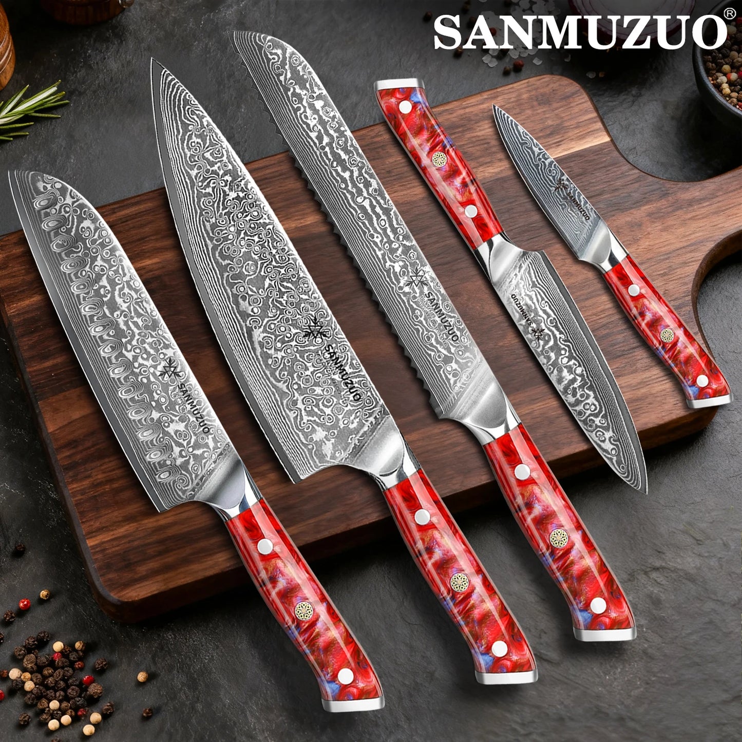SANMUZUO Damascus Kitchen Knife Set With Resin Handles