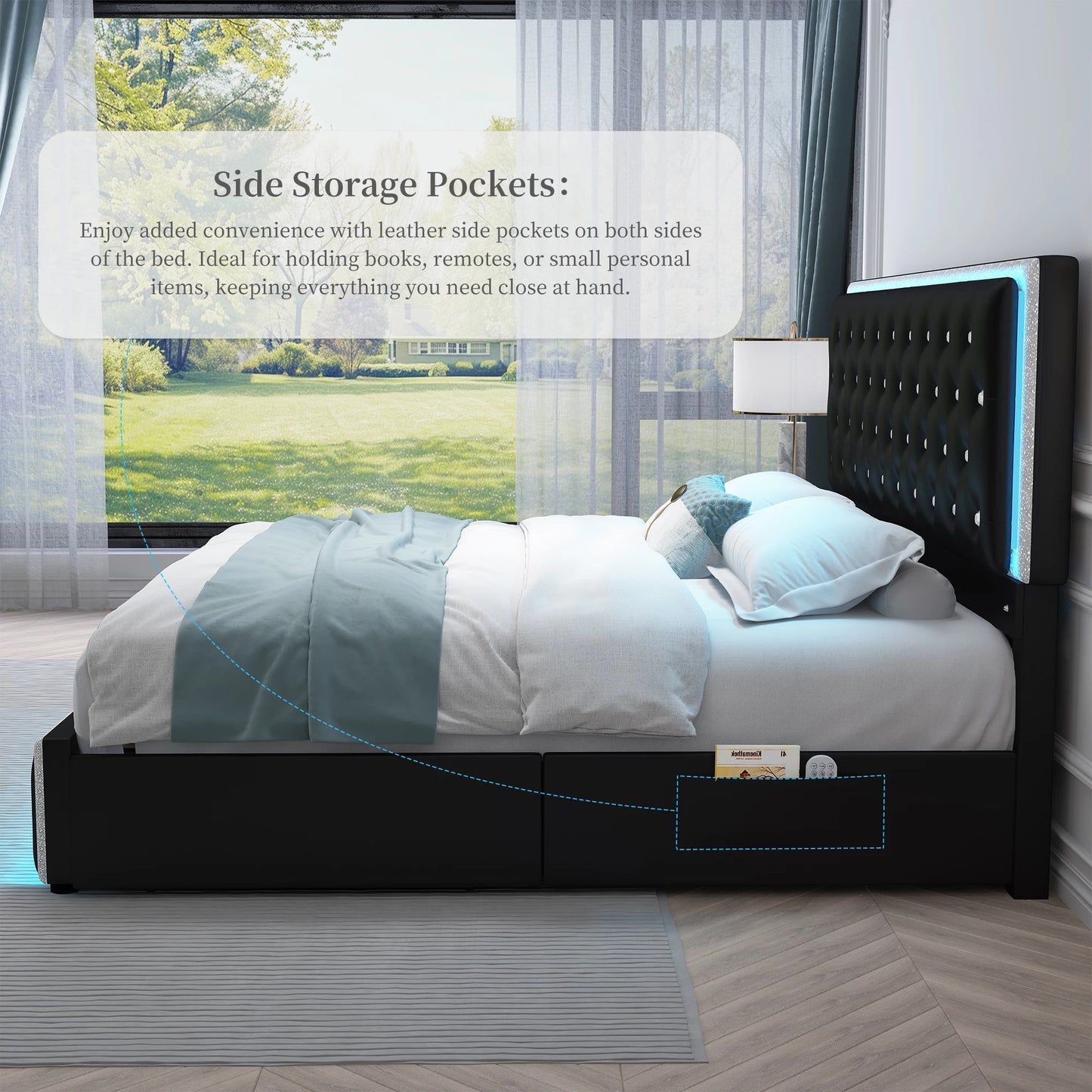 NONECN Queen LED PU Bed Frame with Storage Drawers