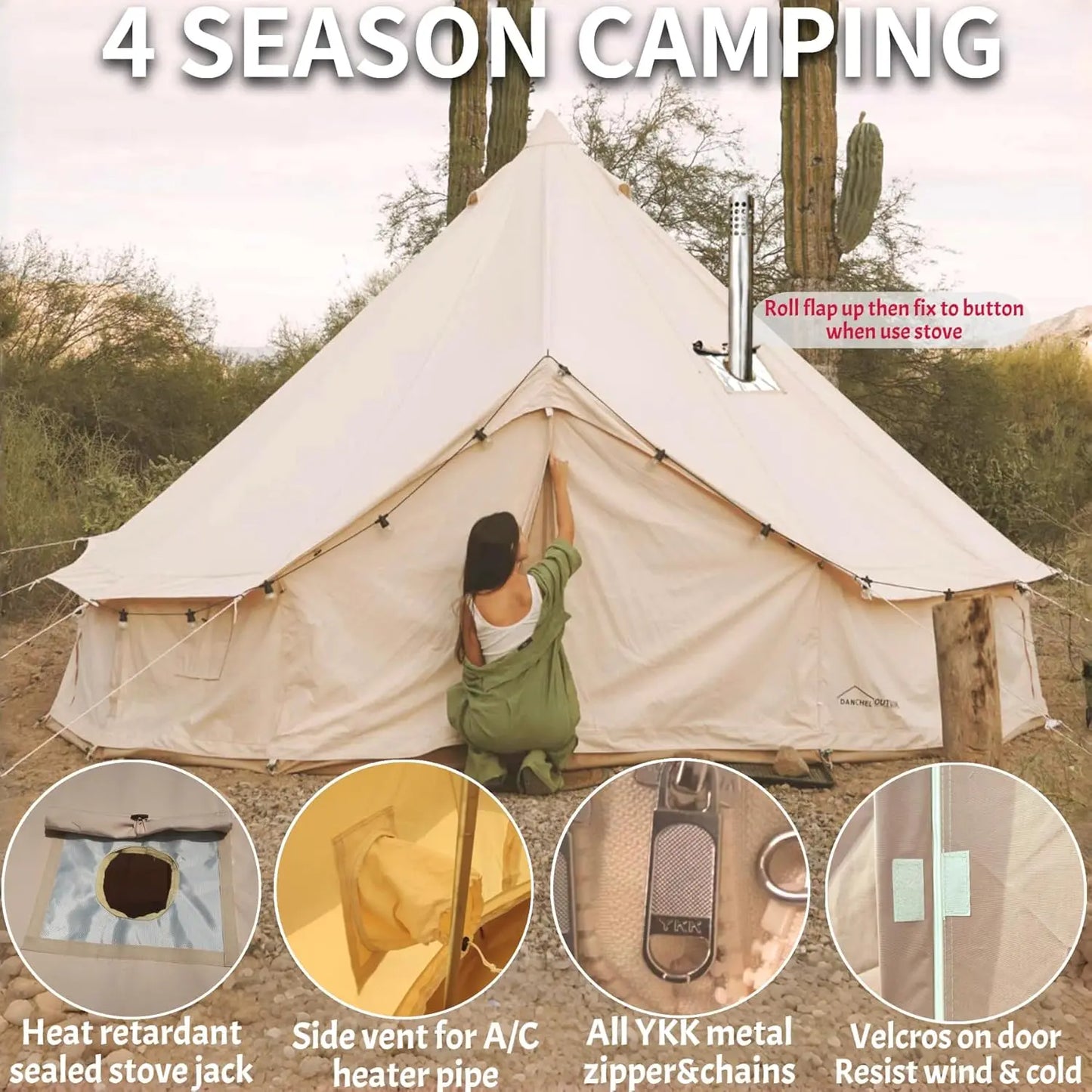 DANCHEL Outdoor B5 Waterproof Cotton Canvas Bell Tent with Stove Jacket on the roof size 4m 5m 6m for family tent