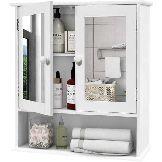 XIUWO Medicine Cabinet With Mirror Wall Mounted Wooden