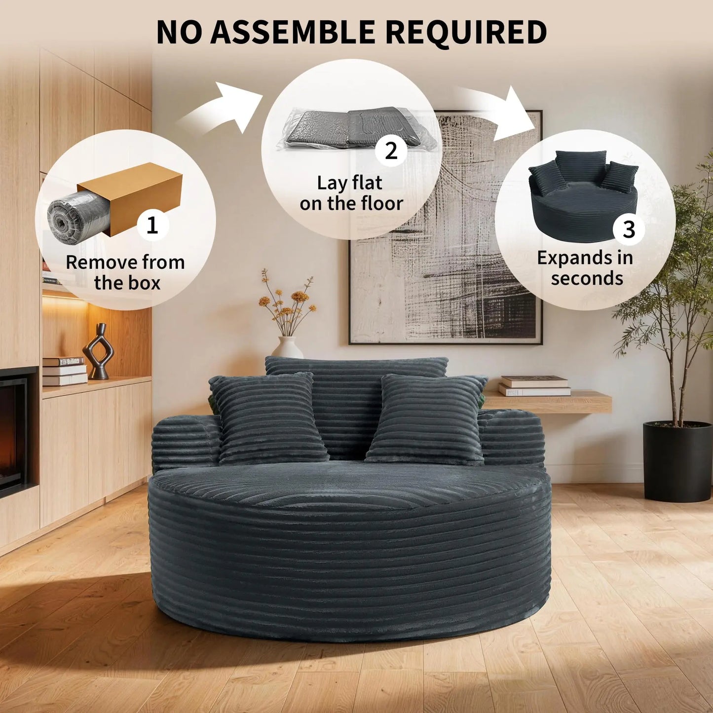 HiMISS Round Indoor Chair Corduroy With 3 Pillows For Living Room