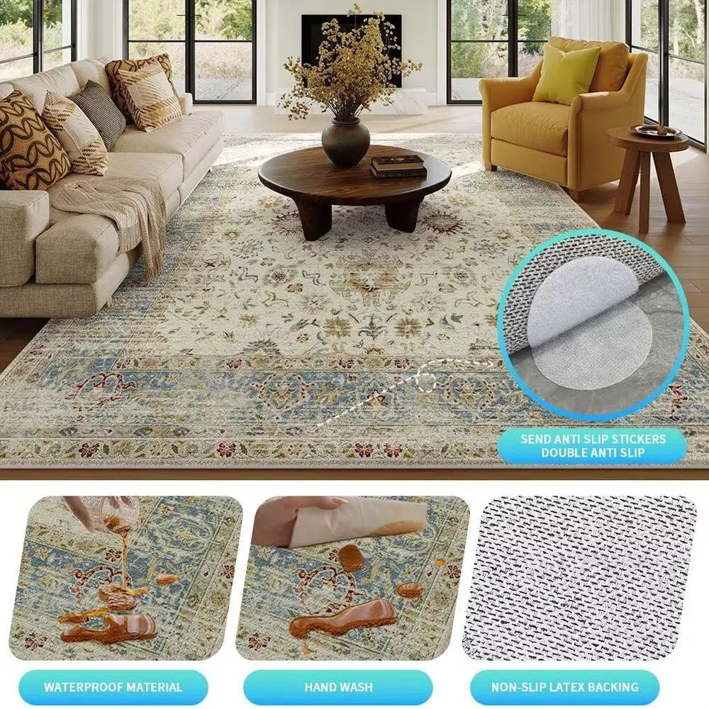 Vintage Bohemian Floral Rug Washable Foldable For Living Room