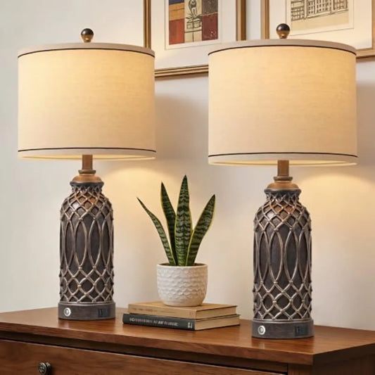 Farmhouse Table Lamps Set of 2 Black-Gold Resin Table Lamps with USB Ports Touch Button Switch Woven Wicker Pattern Linen Shade