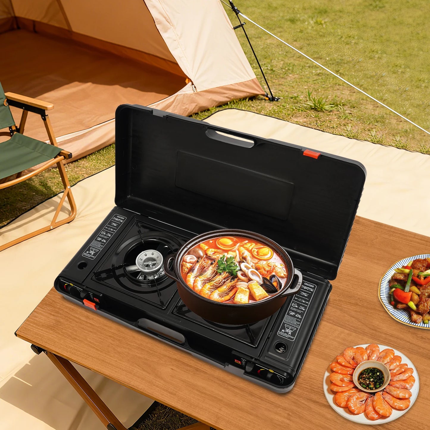 Two Burner Camping Stove With Auto Ignition And Baking Tray