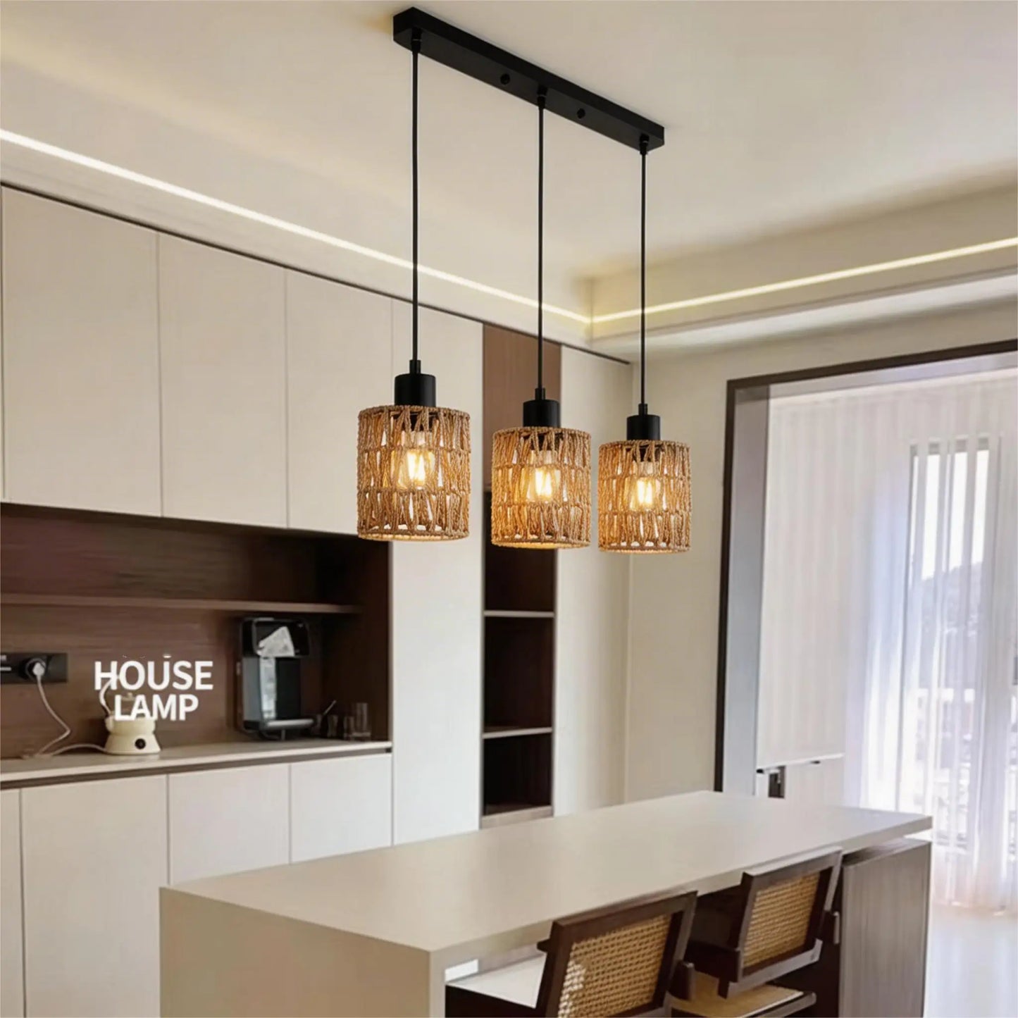 Light Pendant Lighting, Farmhouse Boho Hanging Light Fixture for Kitchen Island & Dining Room, Industrial Vintage Ceiling Lamp with E26 Base, Adjustable Height, Rattan Pendant Light