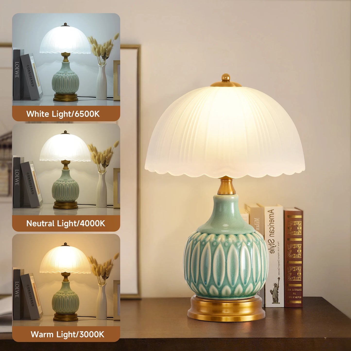 Retro Farmhouse Ceramic Bedside Table Lamp, Green Crackle Glaze Embossed Vase Lamp Body, Scalloped Pleated Frosted Glass Lampshade, 3 Color Temperature Dimmable Nightstand Lamp with Luxury Brass Fittings, Decorative Accent Li