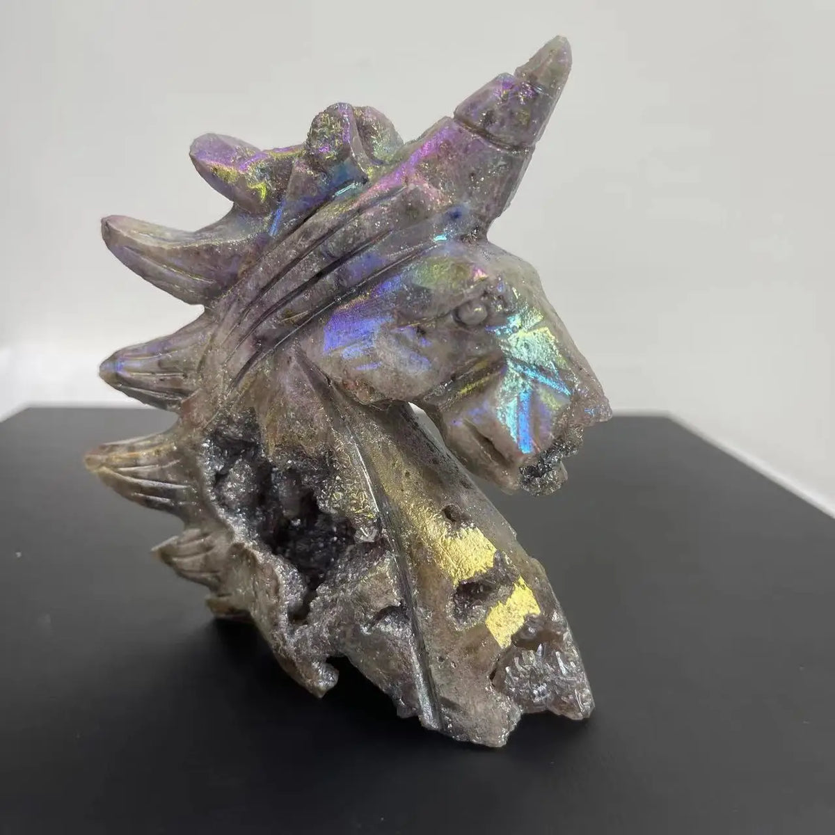 Natural Sphalerite Drusy Unicorn Statue Reiki Healing Feng Shui