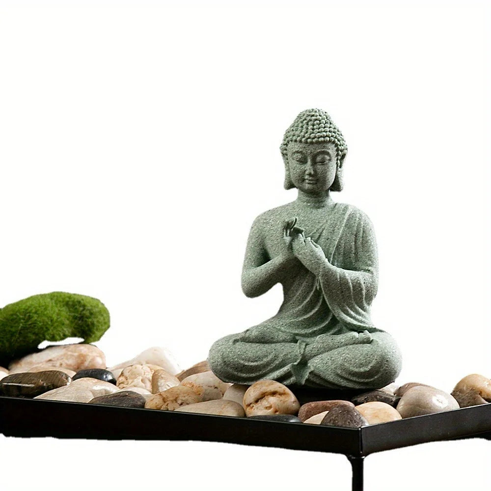 Buddha Garden Statue Fish Tank Decoration Mini Buddhism Figurine Desk Tablescape Decor Home Zen Statue Green Sandstone Thailand