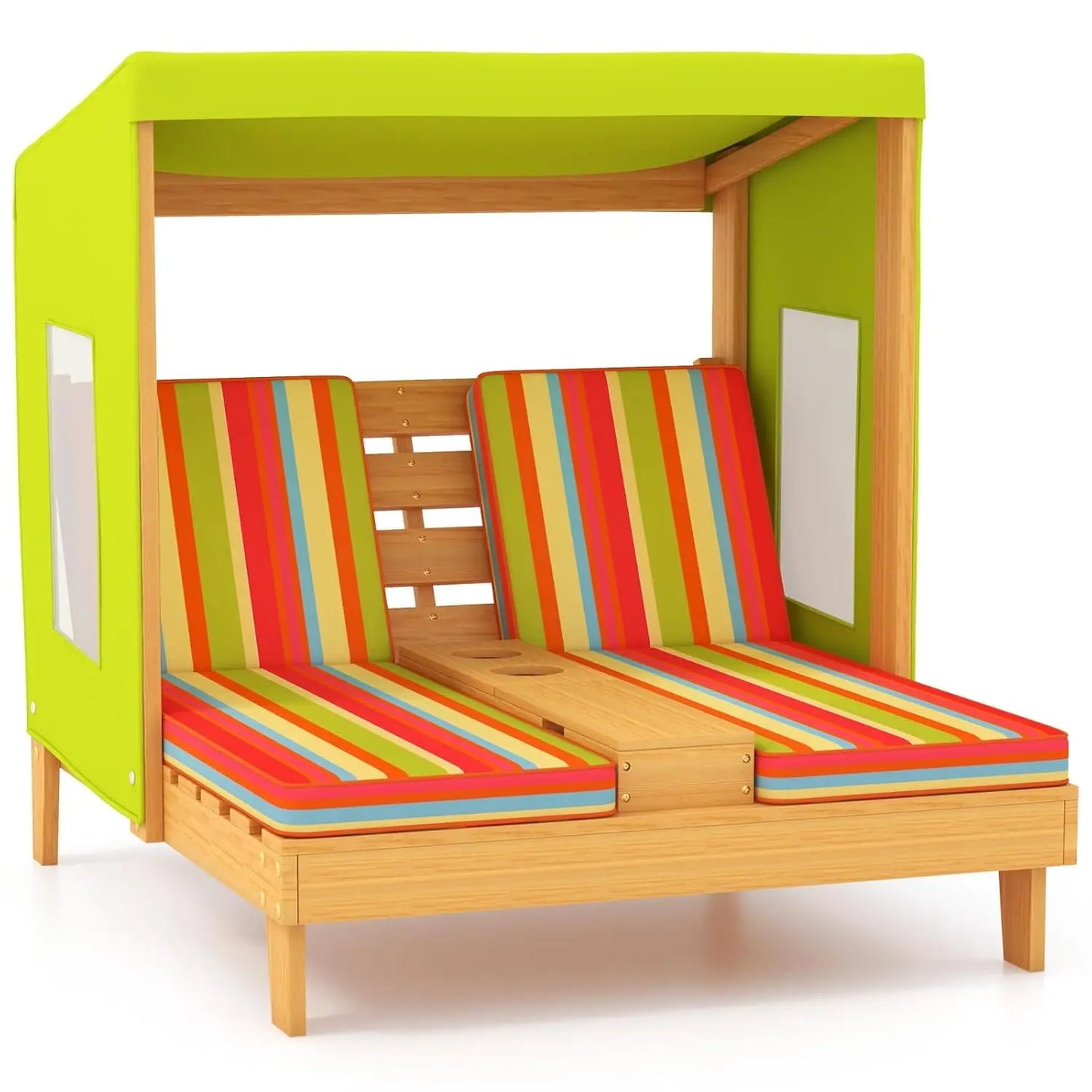 Kids Outdoor Wooden Lounge Chair With Canopy And Cup Holders