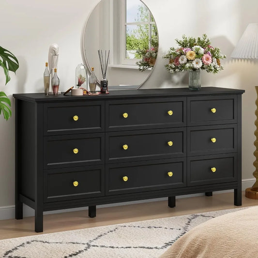 Black Dresser for Bedroom, 9 Drawer Dresser with Wide Drawers and Gold Metal Handles, 59" White and Gold Dressers TV Stand,