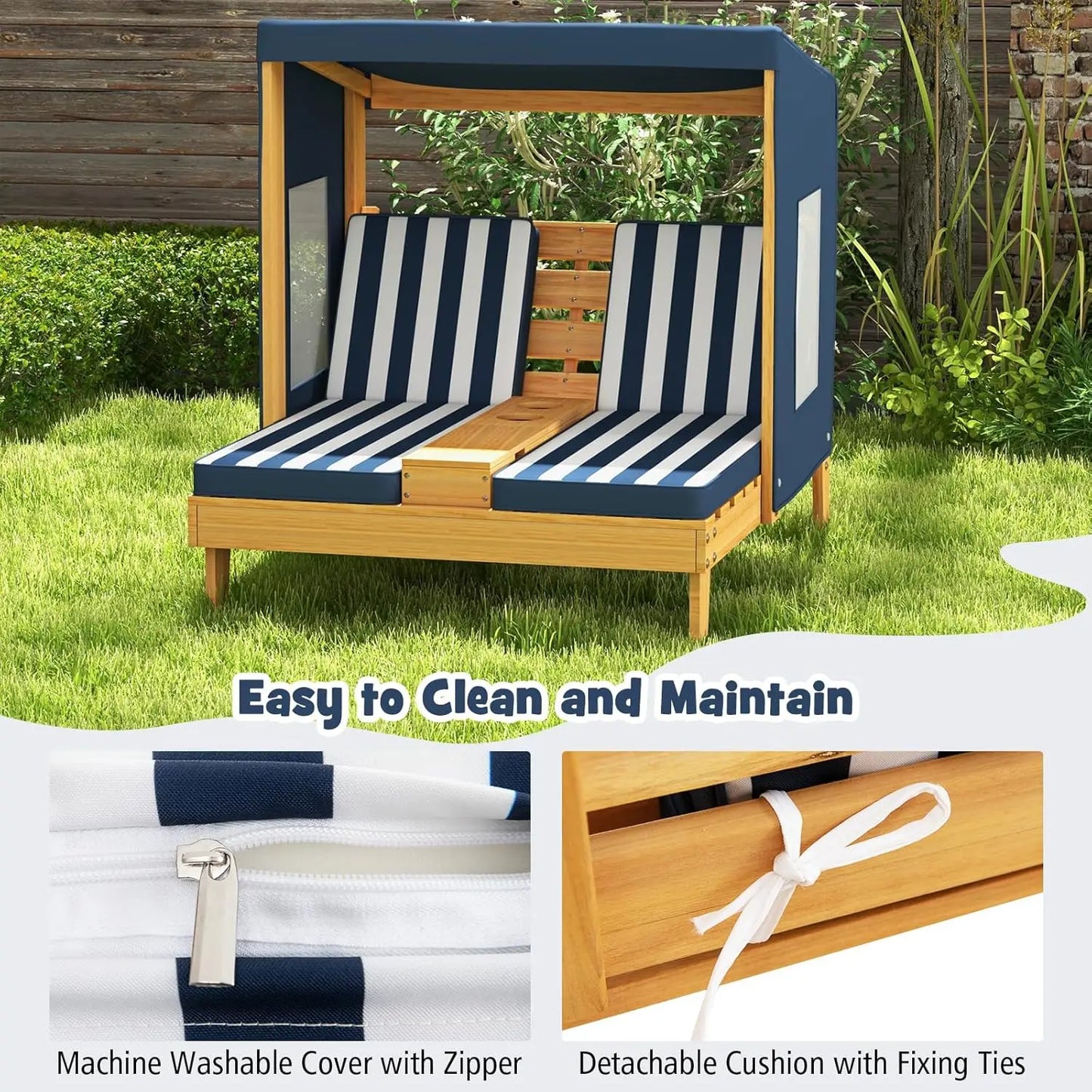 Kids Outdoor Wooden Lounge Chair With Canopy And Cup Holders