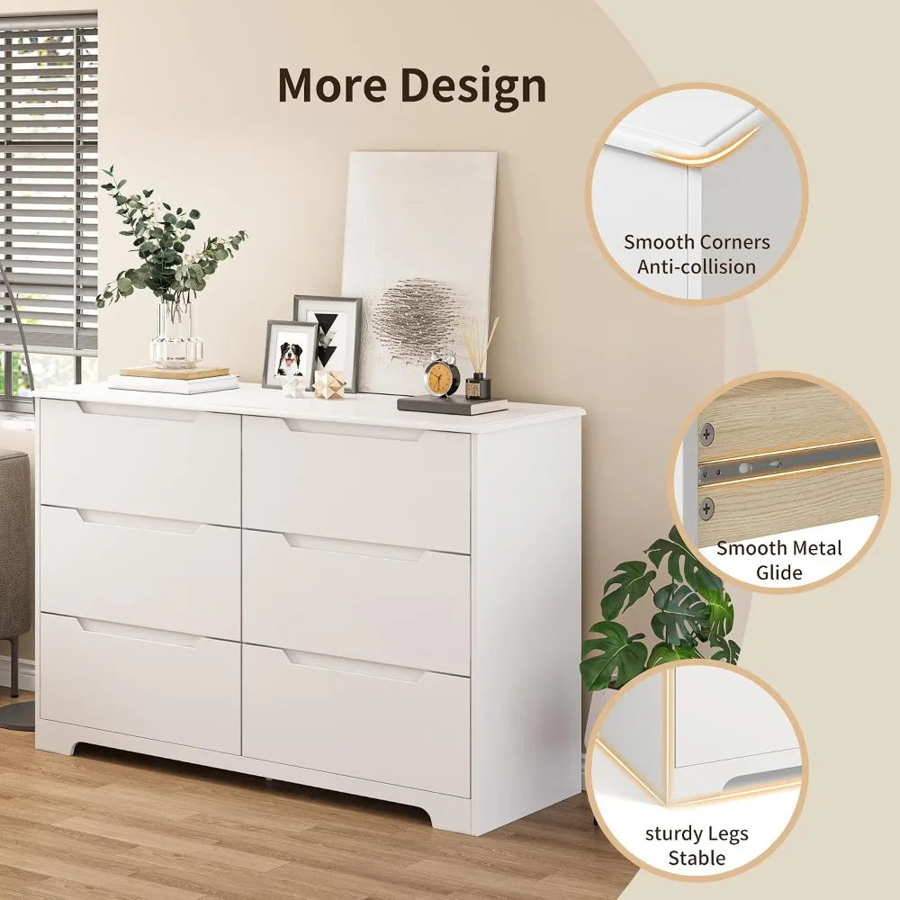 6-Drawer Wooden Dresser With Anti-Tip Design For Bedroom