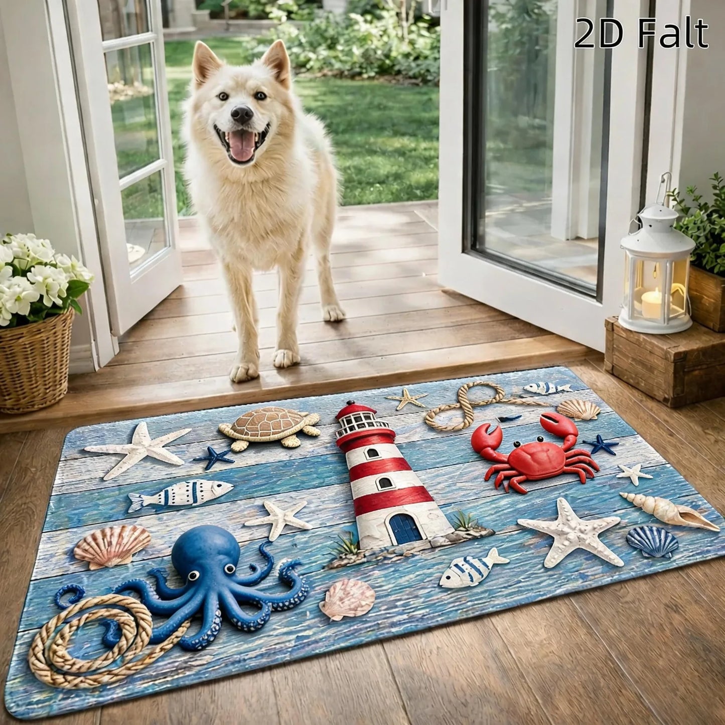 1pc Flat Printing Flannel Material Door Mat, Ocean Style Lighthouse Anchor Starfish Floor Mat, Durable and, Machine Washable, Universal Entrance Doormat Kitchen Foot Mat, for Living Room Bedroom Office Bathroom Balcony Hallwa