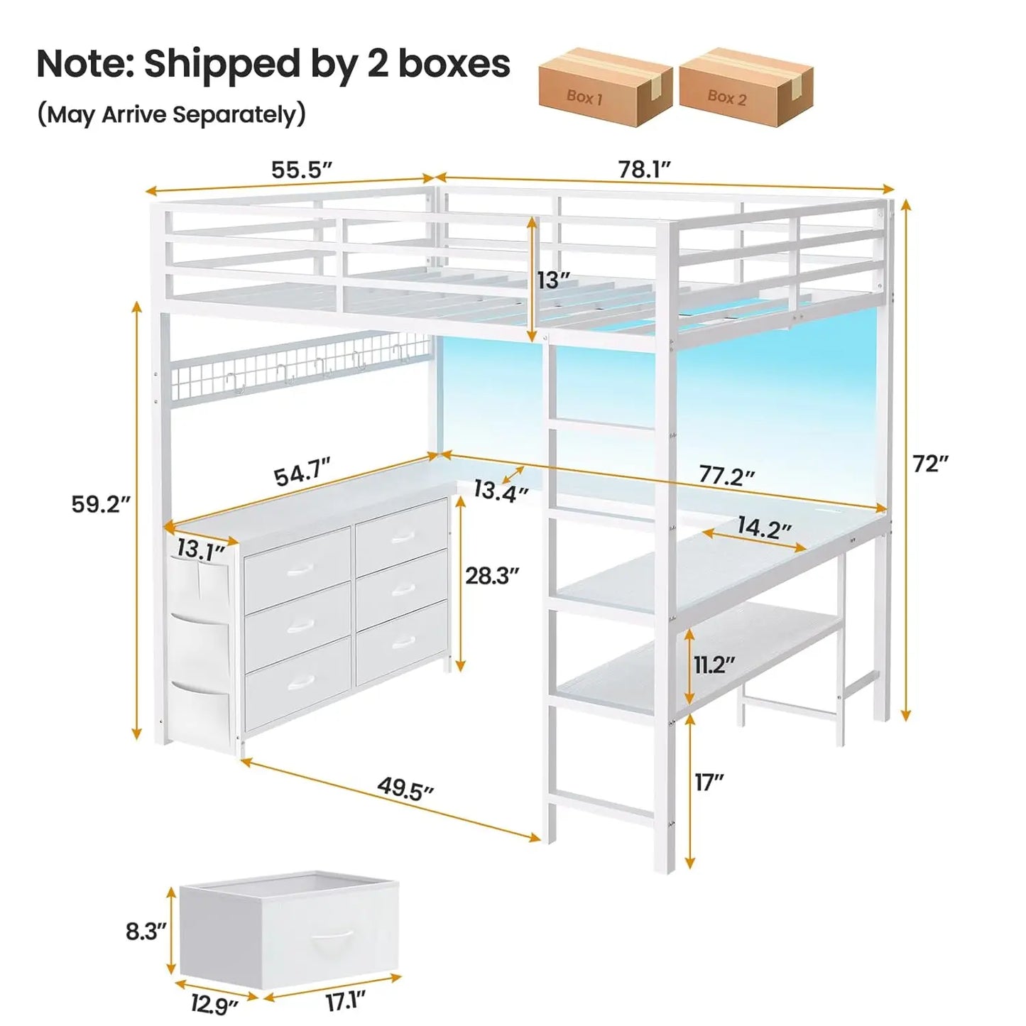 Loft Bed With U Shaped Desk LED Lighting Power Outlet And Storage