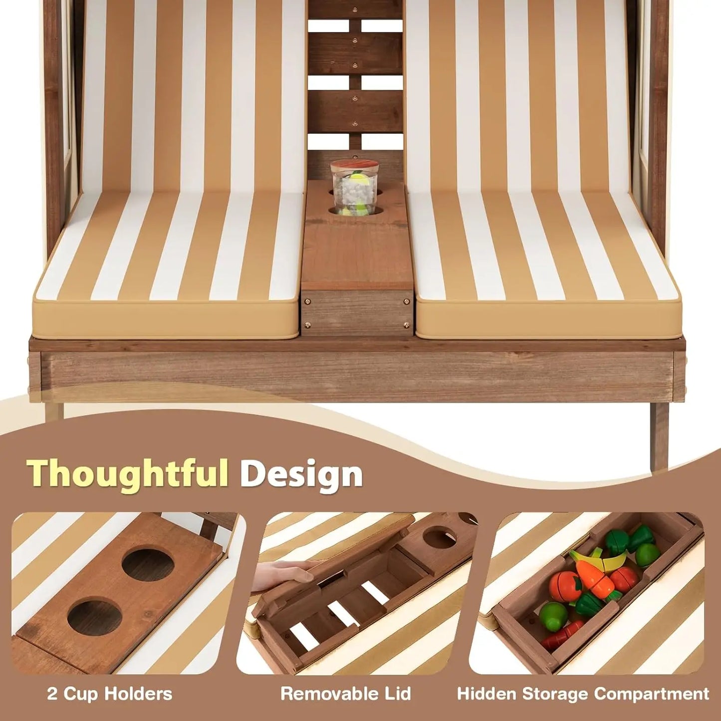 Wood Double Chaise Canopy Cup Holder Chair For Kids