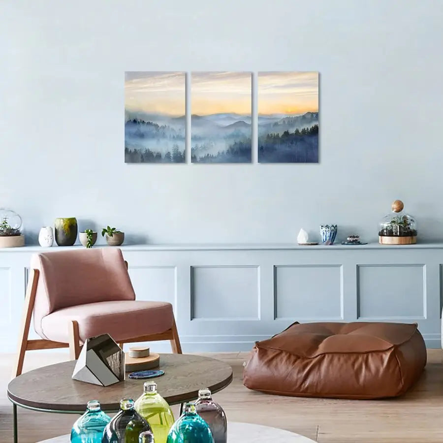 Sunrise Misty Forest 3 Panel Wall Art Canvas Decor
