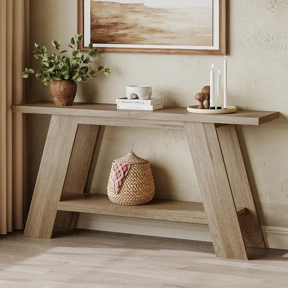 Farmhouse Console Table For Entryway With Two-Tier Wood Shelf