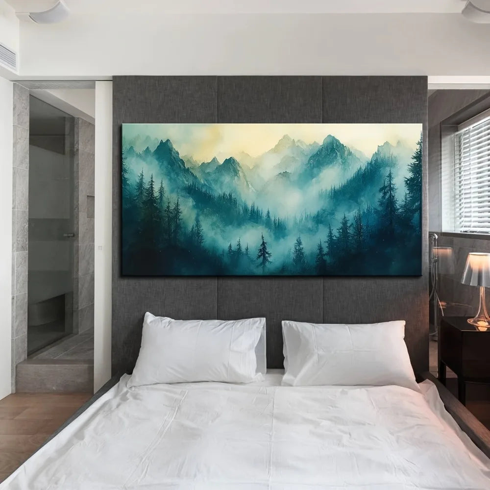 Pine Solid Wood Frame Wall Art Fog Forest Fabric Print Painting