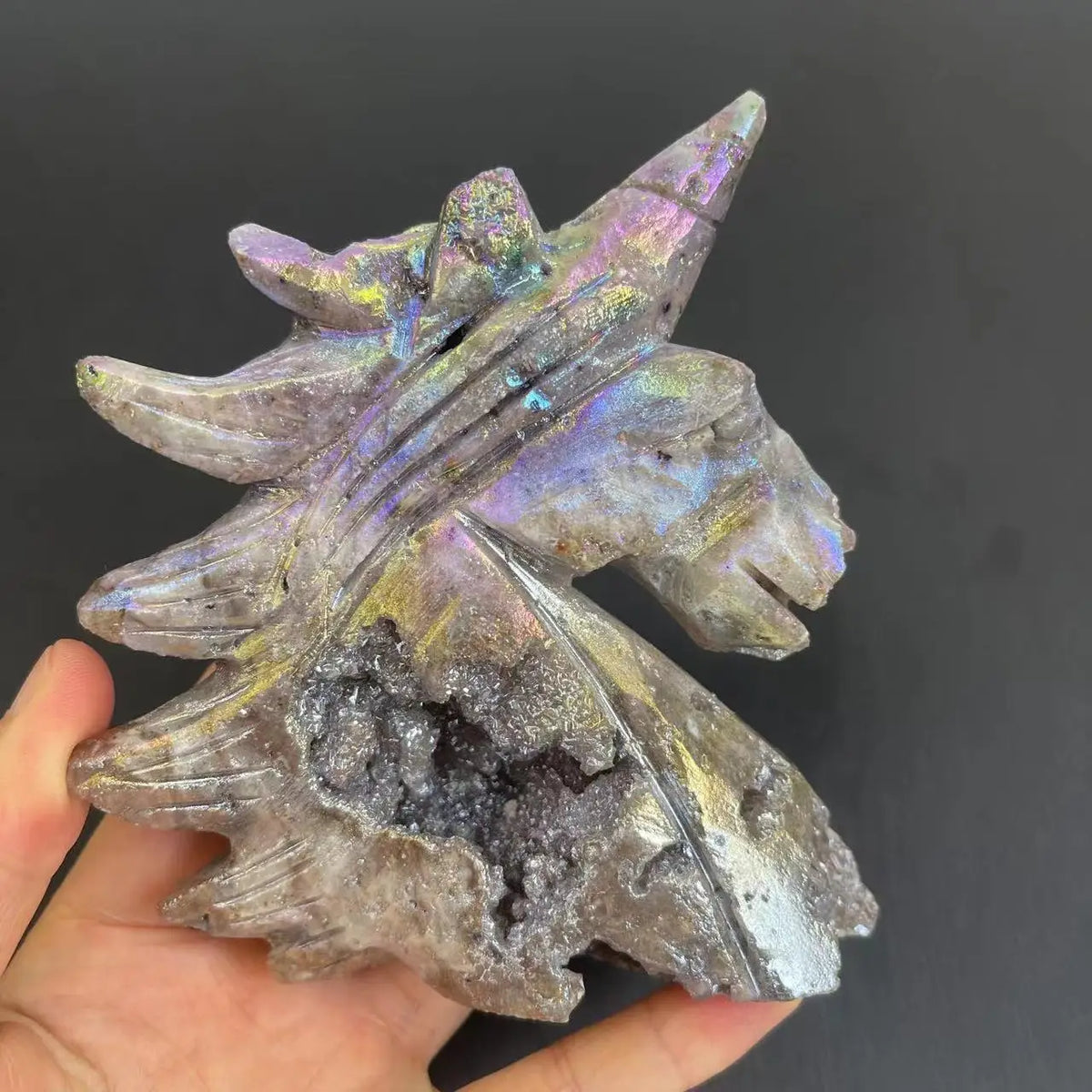 Natural Sphalerite Drusy Unicorn Statue Reiki Healing Feng Shui