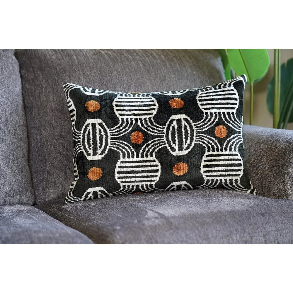 Geometric Stripe Velvet Pillow - 16x24, Luxurious Down Feather, Vibrant Orange Accents