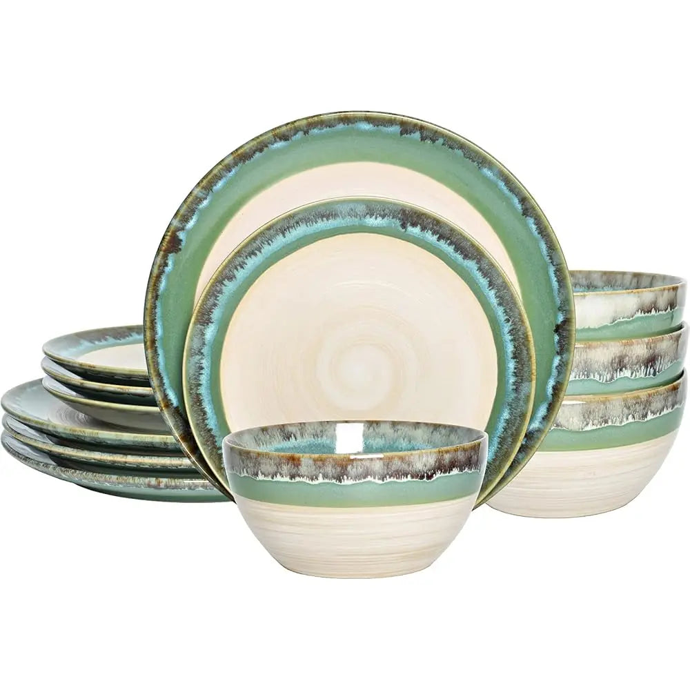 BONJEAN Stoneware Dinnerware Set For Four, 12 Pieces, Reactive Glaze
