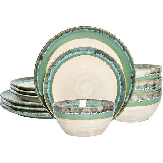 BONJEAN Stoneware Dinnerware Set For Four, 12 Pieces, Reactive Glaze