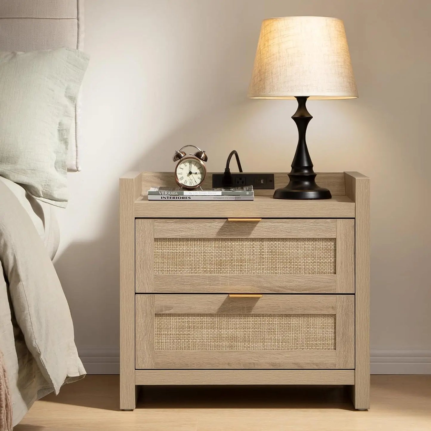 Rattan Nightstand End Table - Night Stand Bedside Table with Type-C Charging Station, 2 Drawers Storage - Boho, Customized