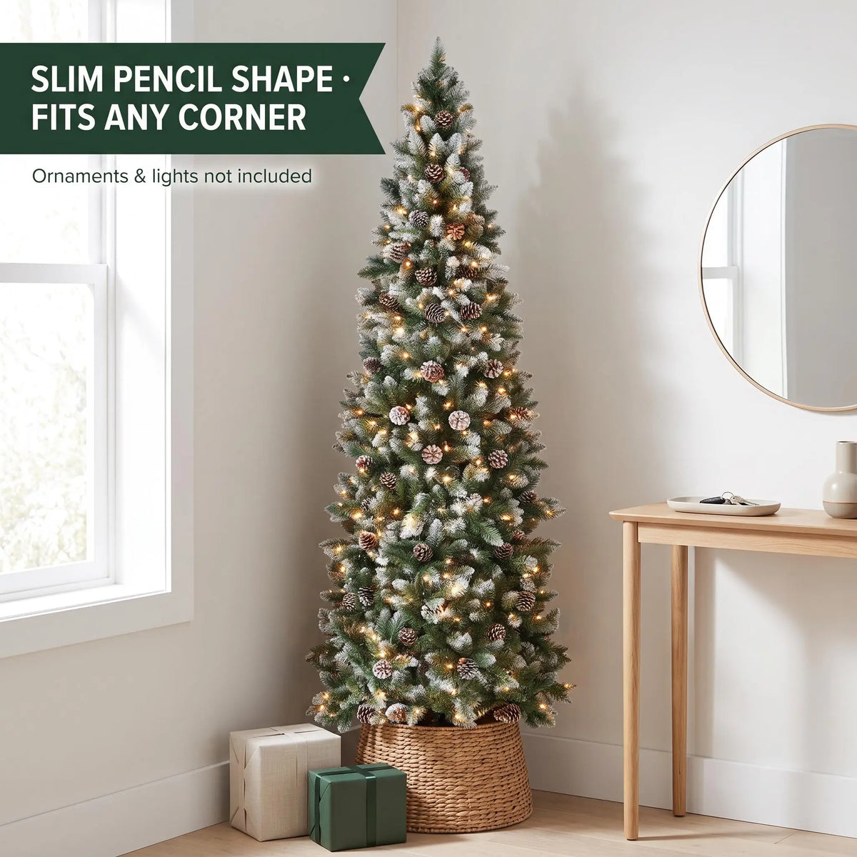 ANIXOL Pre-Lit Slim Pencil Flocked Christmas Tree With Pine Cones