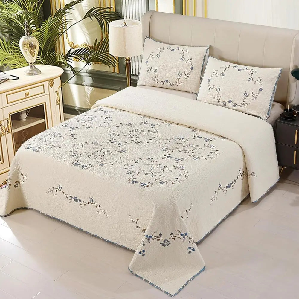 3D Embroidered Cotton Reversible Quilted Bedspread Set