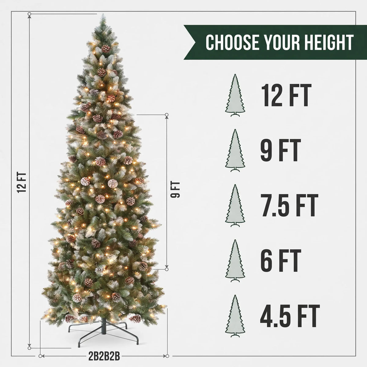 ANIXOL Pre-Lit Slim Pencil Flocked Christmas Tree With Pine Cones