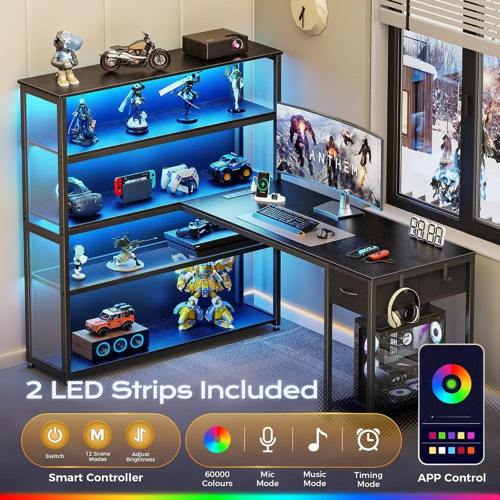 57 Inch L Shaped Gaming Computer Desk with Larger Open Cabinet, Reverisble Oice Desk with Power Outlets, LED Lights, Work Desk,